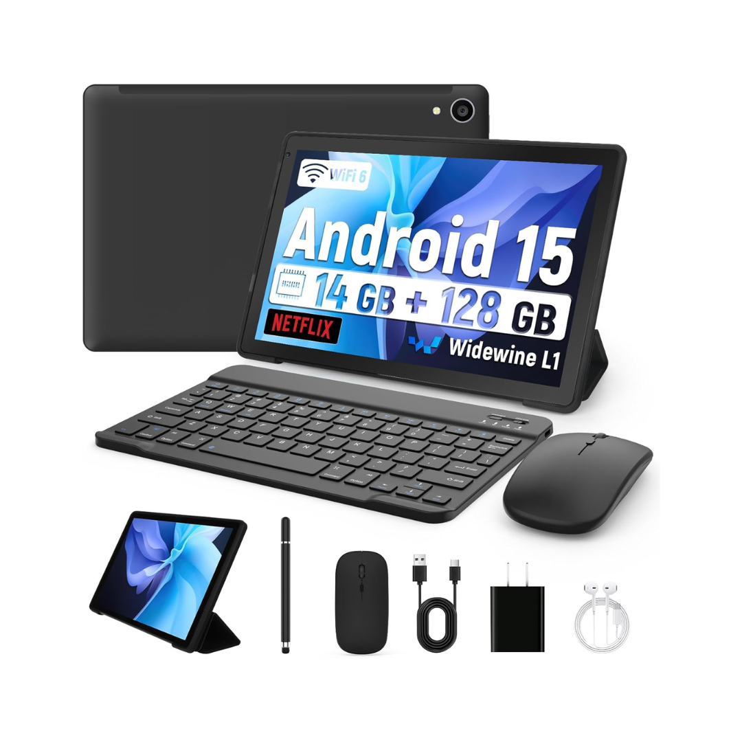 #6 タブレット - FancyDay タブレット 10インチ Android 15 wi-fi モデル 14GB+128GB+1TB拡張 1280*800ディスプレイ 8コアCPU Widevine L1対応 5000mAhバッテリー 5MP/8MPカメラ WiFi 6 BT5.0 顔認識 キーボード+ワイヤレスマウス+保護ケース+タッチペン+ヘッドフォン付 ブラック